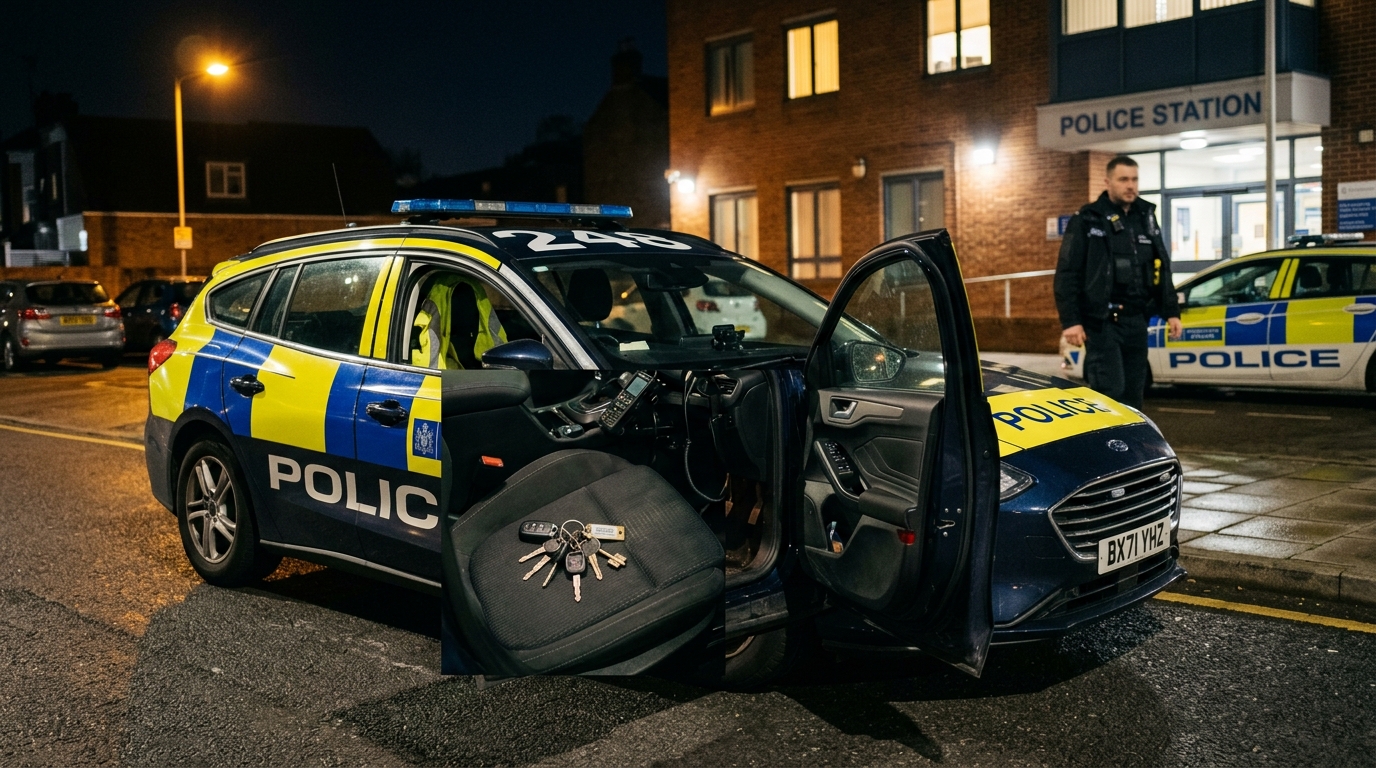 Voiture de police garée de nuit, clé sur le siège