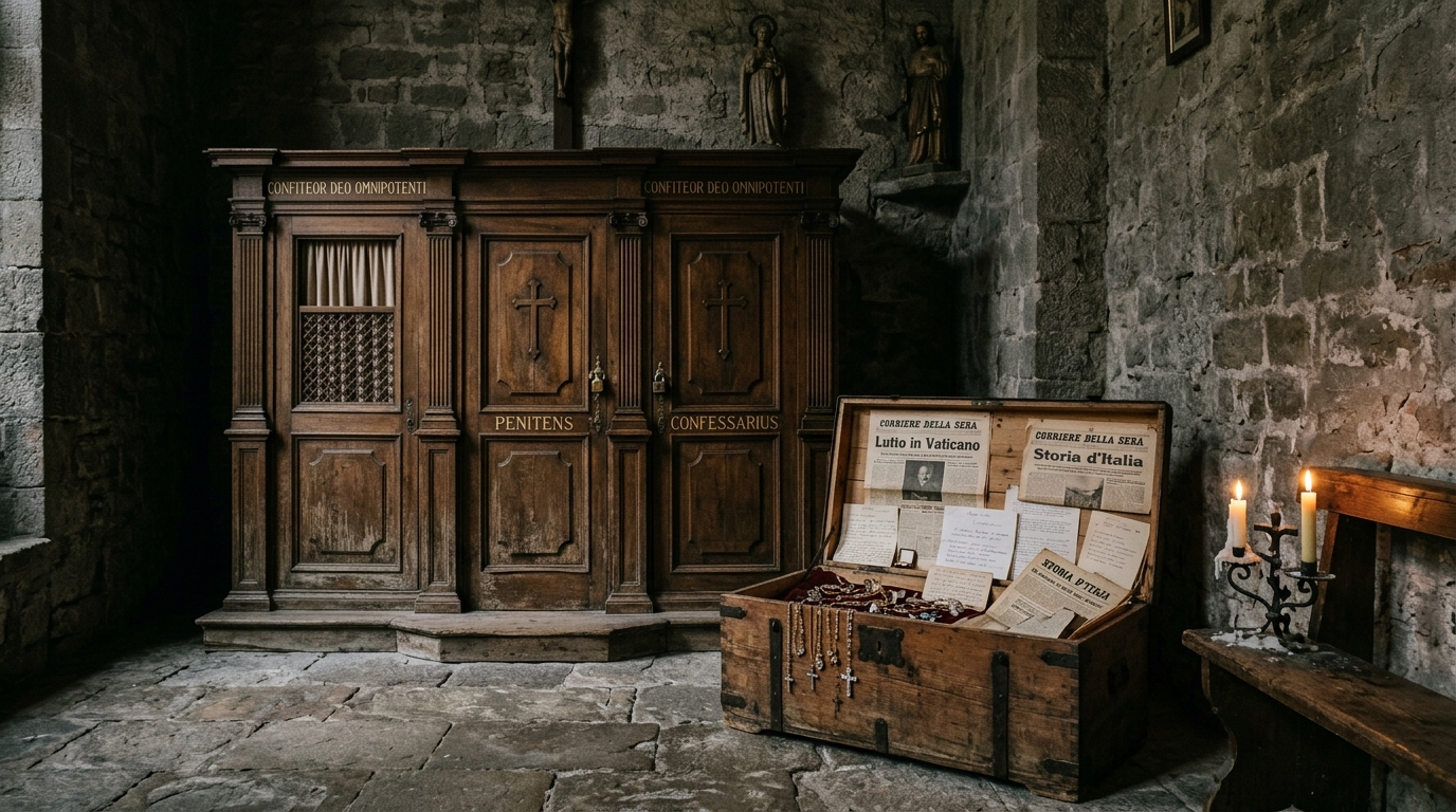 Coffre ancien et documents dans une cellule de couvent