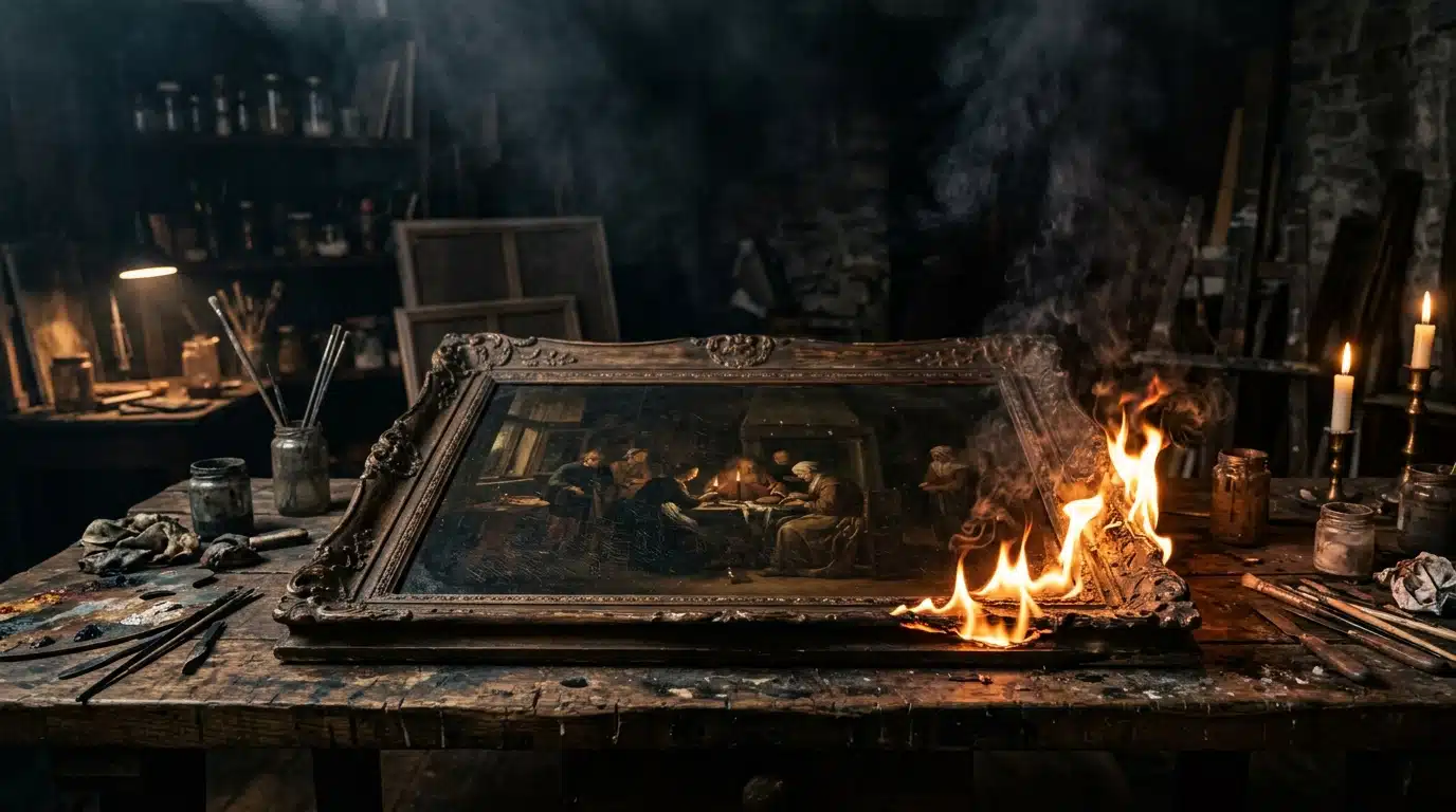 Tableau ancien en train de brûler sur un établi