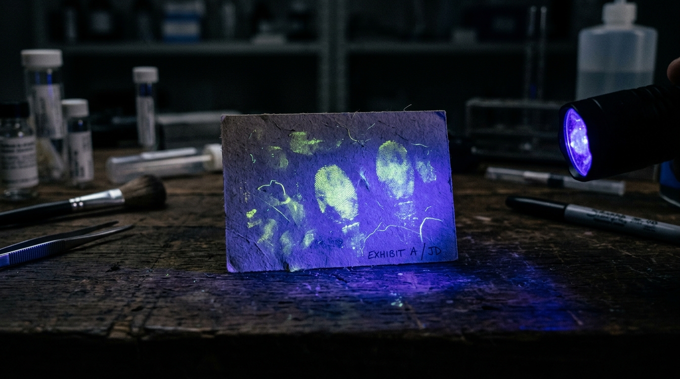 Carte examinée sous une lumière bleue forensique