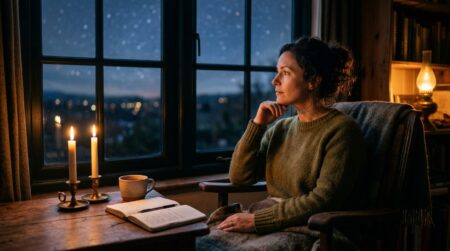 Femme pensive éclairée à la bougie dans une ambiance mystique