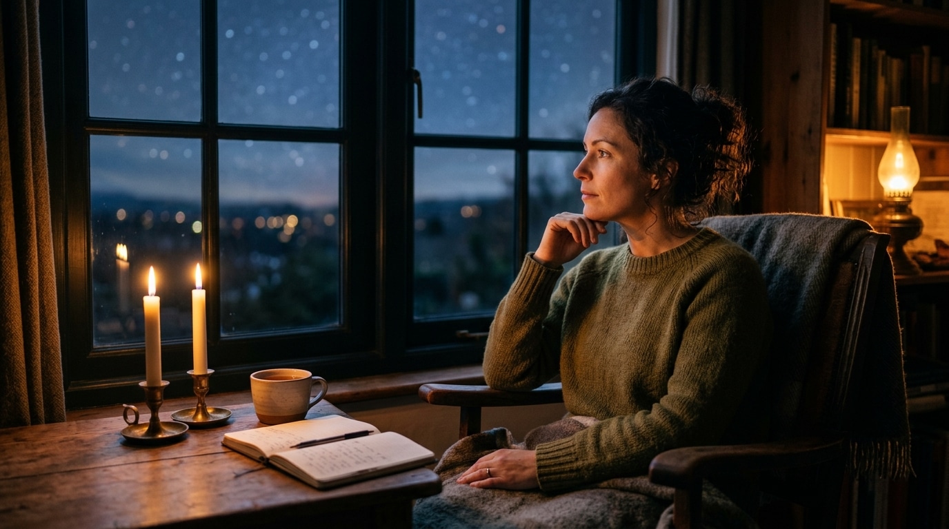 Femme pensive éclairée à la bougie dans une ambiance mystique