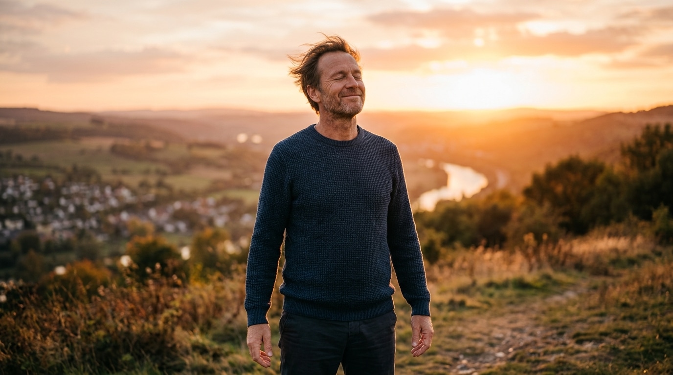 Homme soulagé au coucher de soleil symbolisant la libération