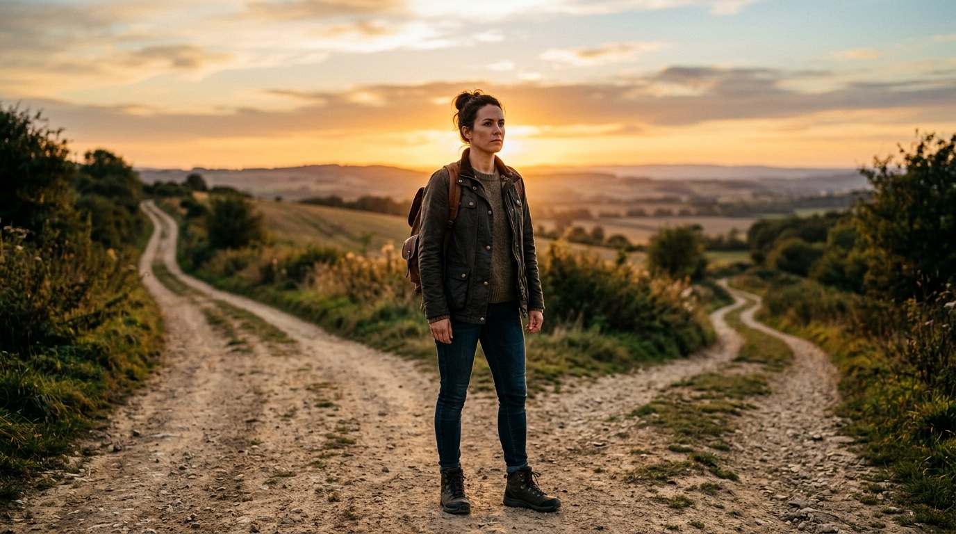 Femme déterminée à un croisement au crépuscule doré