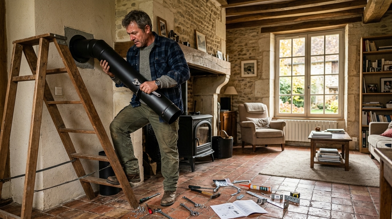Homme installant lui-même un poêle à bois