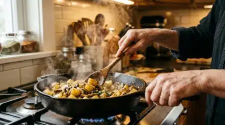 Poêle avec pommes de terre et champignons dorés