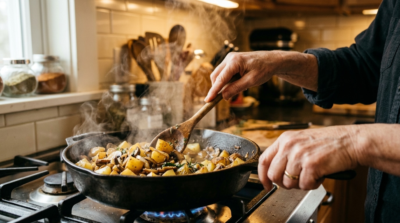 Poêle avec pommes de terre et champignons dorés