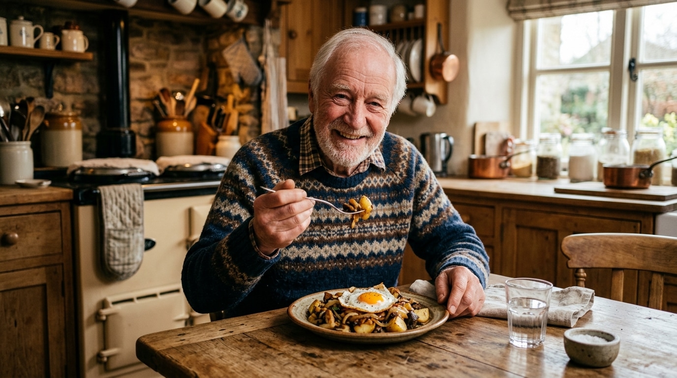 Homme dégustant une poêlée champignons pommes de terre