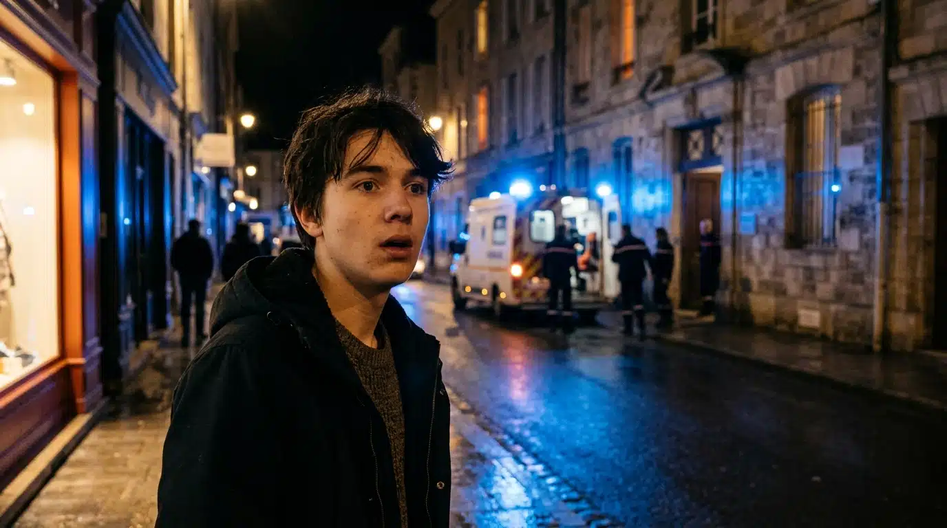 Rue de nuit avec gyrophares de police à Besançon