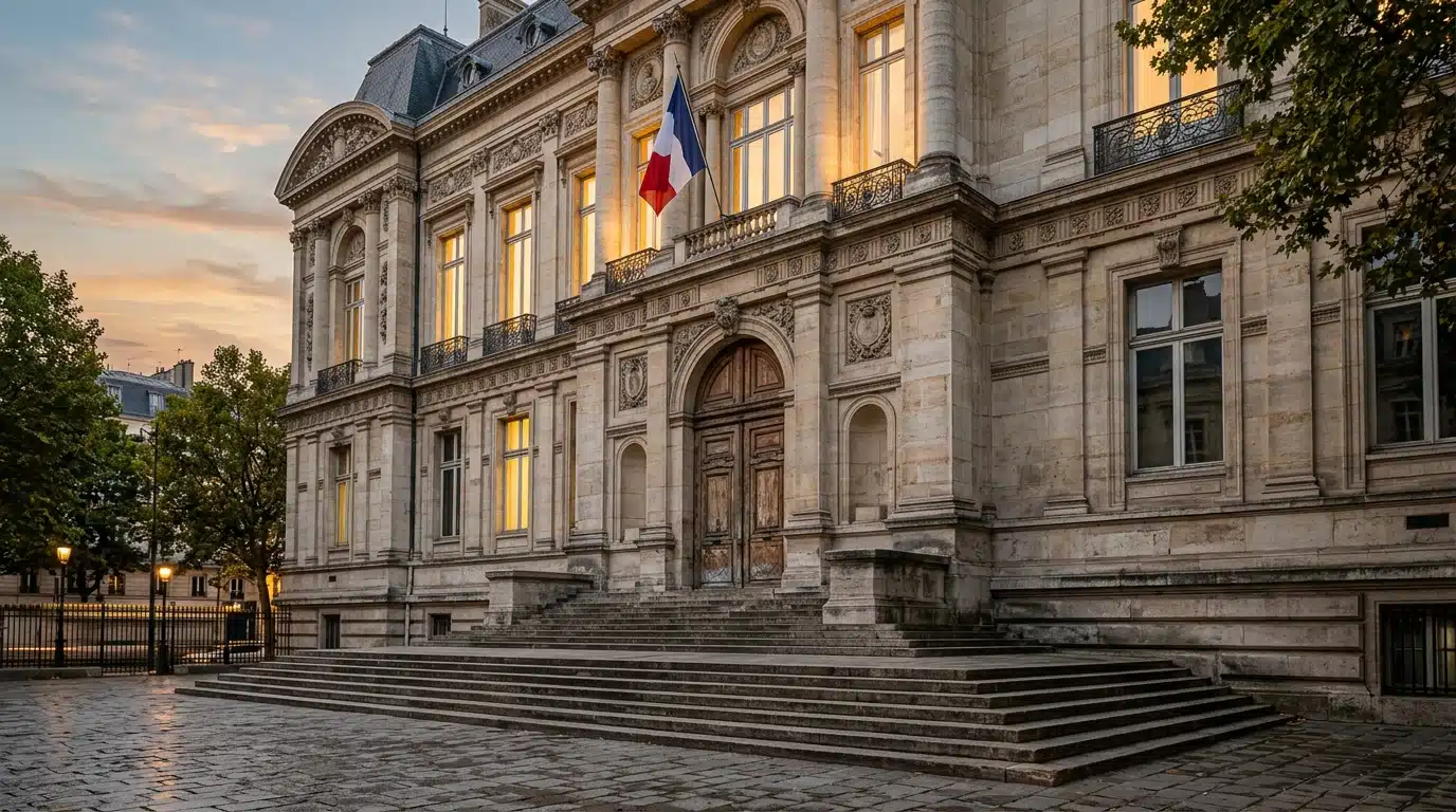 Façade d'un palais de justice français au crépuscule
