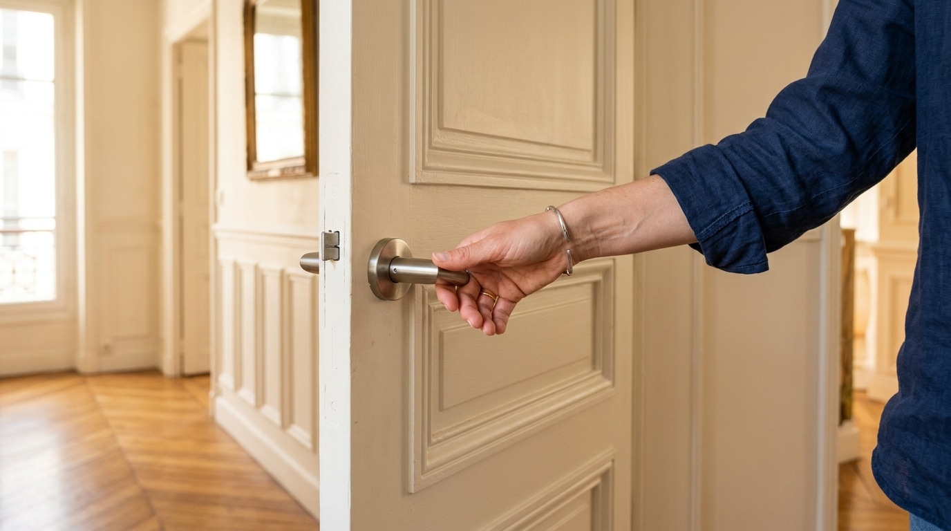 Main qui attrape une poignée de porte à hauteur naturelle