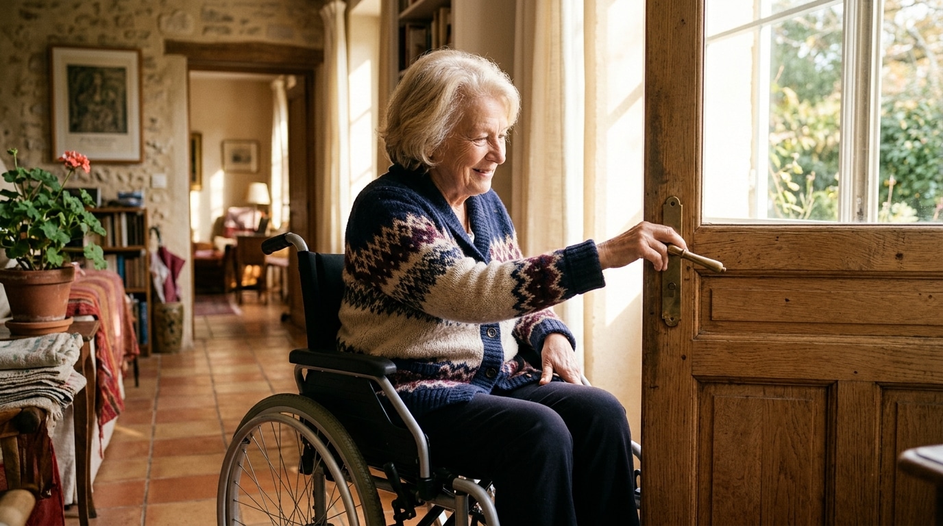 Personne en fauteuil roulant ouvrant une porte accessible
