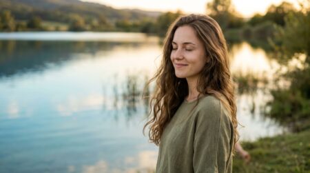 Jeune femme rêveuse au regard intuitif près de l'eau