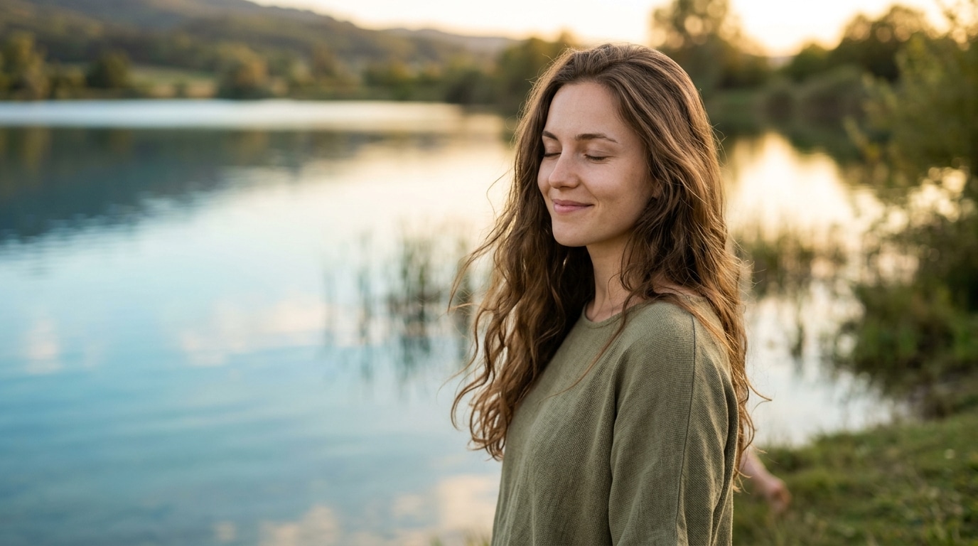 Jeune femme rêveuse au regard intuitif près de l'eau