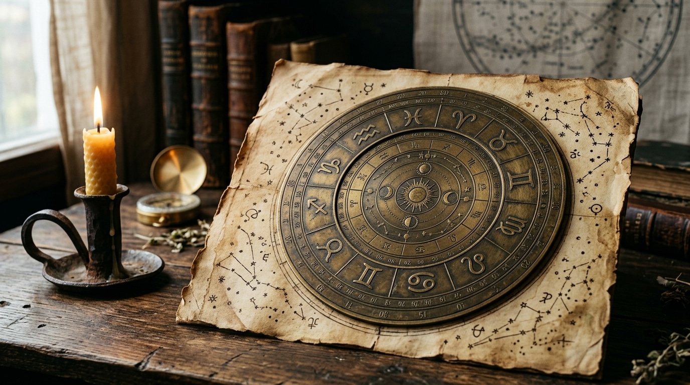Roue astrologique ancienne avec symboles du zodiaque