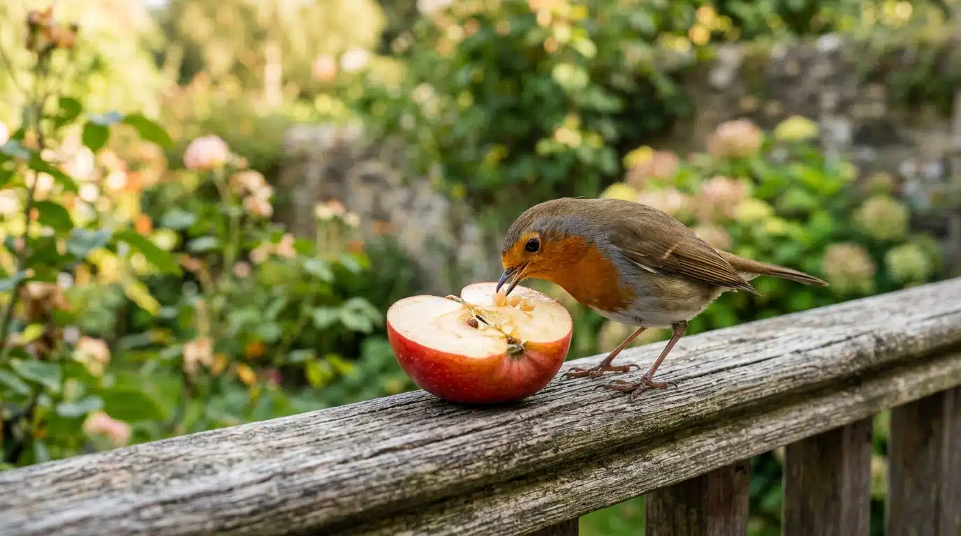 Rouge-gorge picorant un quartier de pomme mûre