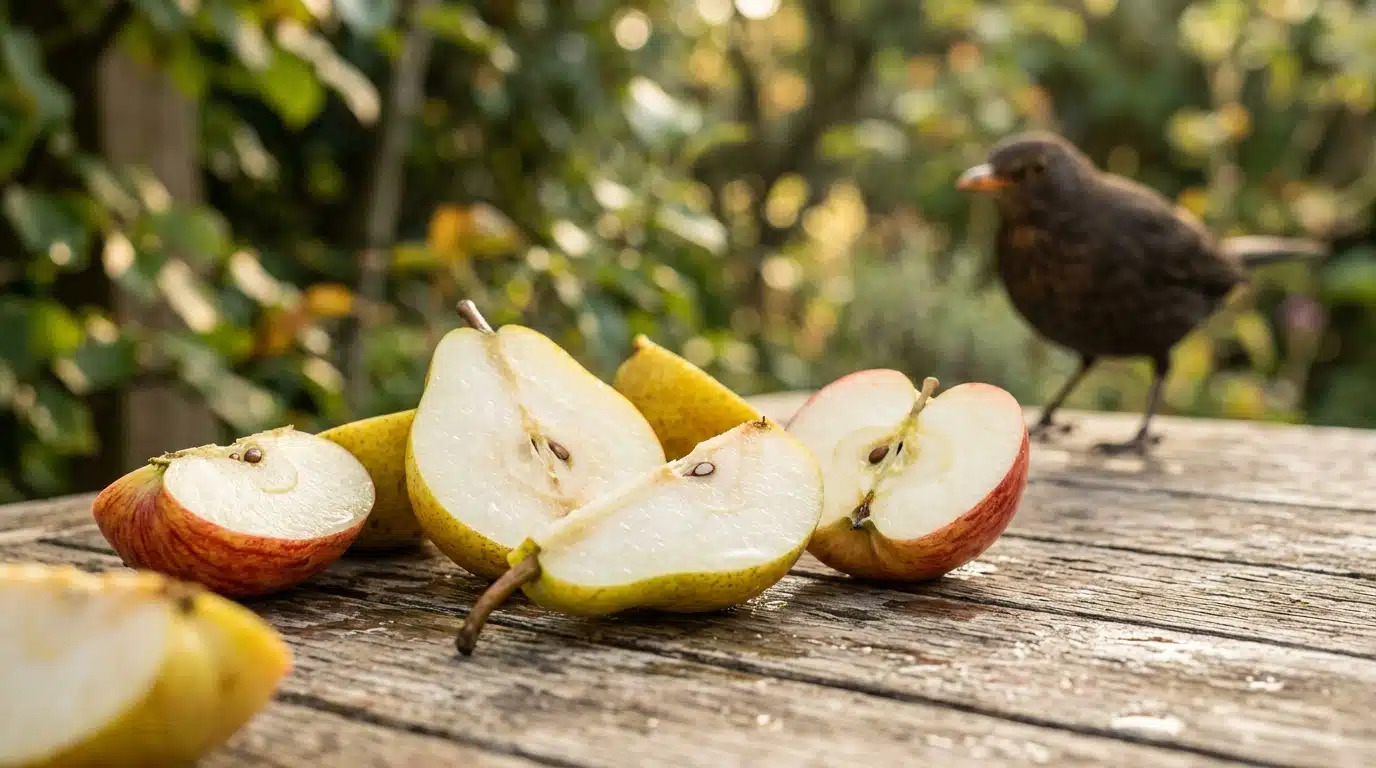 Quartiers de pomme et poire posés sur une table de jardin