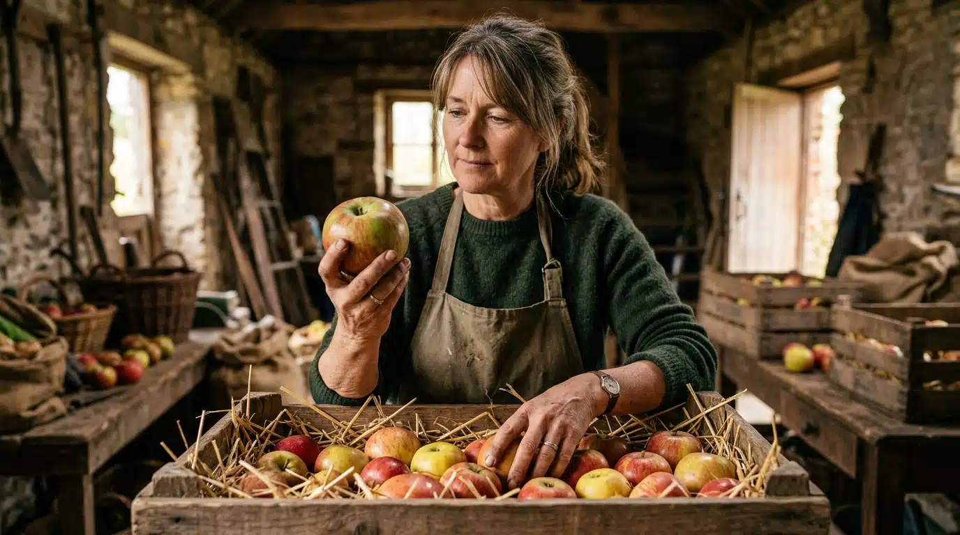 Mains triant des pommes dans une cagette en bois