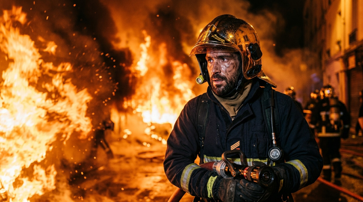 Pompier casque doré reflétant les flammes intenses
