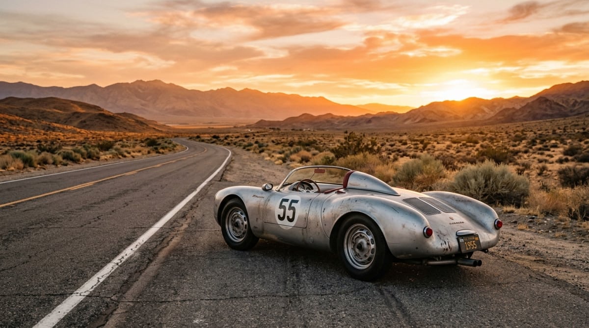Porsche argentée sur une route californienne au coucher du soleil