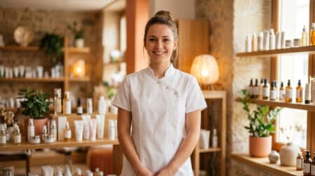 Portrait d'une esthéticienne souriante dans son institut de beauté