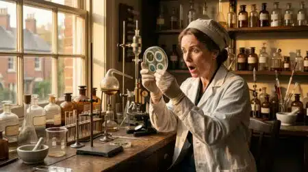 Scientifique découvrant de la moisissure dans un laboratoire vintage