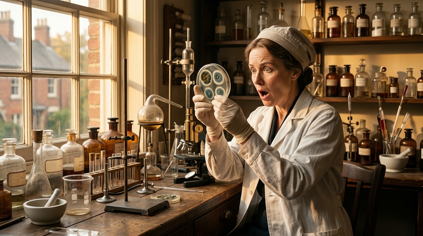 Scientifique découvrant de la moisissure dans un laboratoire vintage