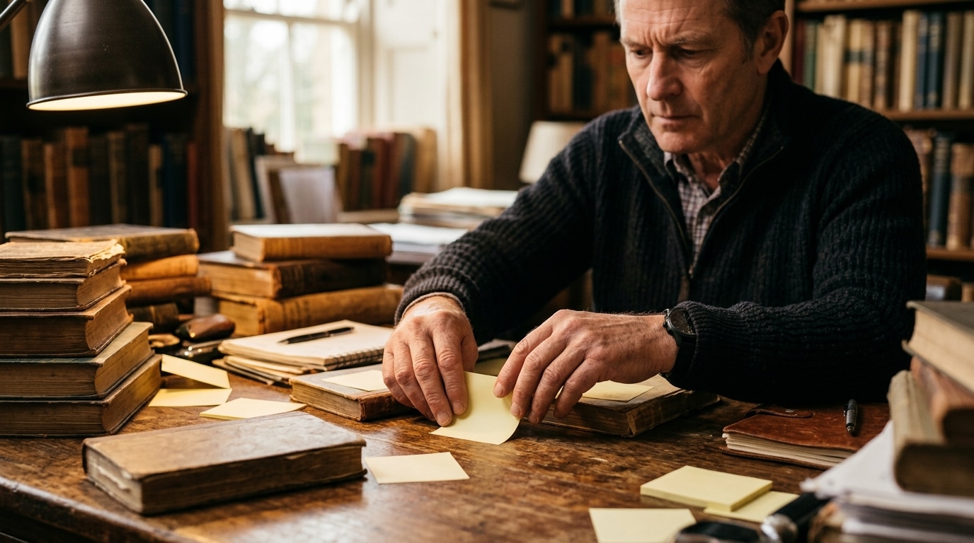 Homme collant des notes autocollantes jaunes sur un bureau