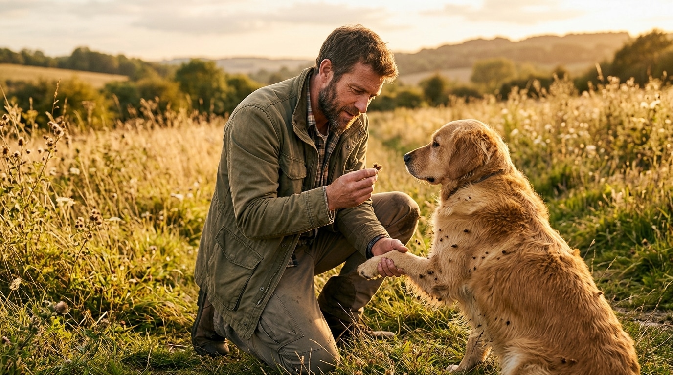 Homme examinant des fruits de bardane sur le pelage de son chien