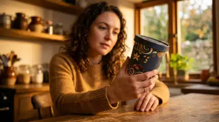 Pot de glace Häagen-Dazs tenu dans une cuisine chaleureuse