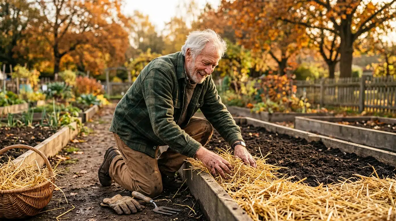 Jardinier paillant une planche de potager vide en septembre