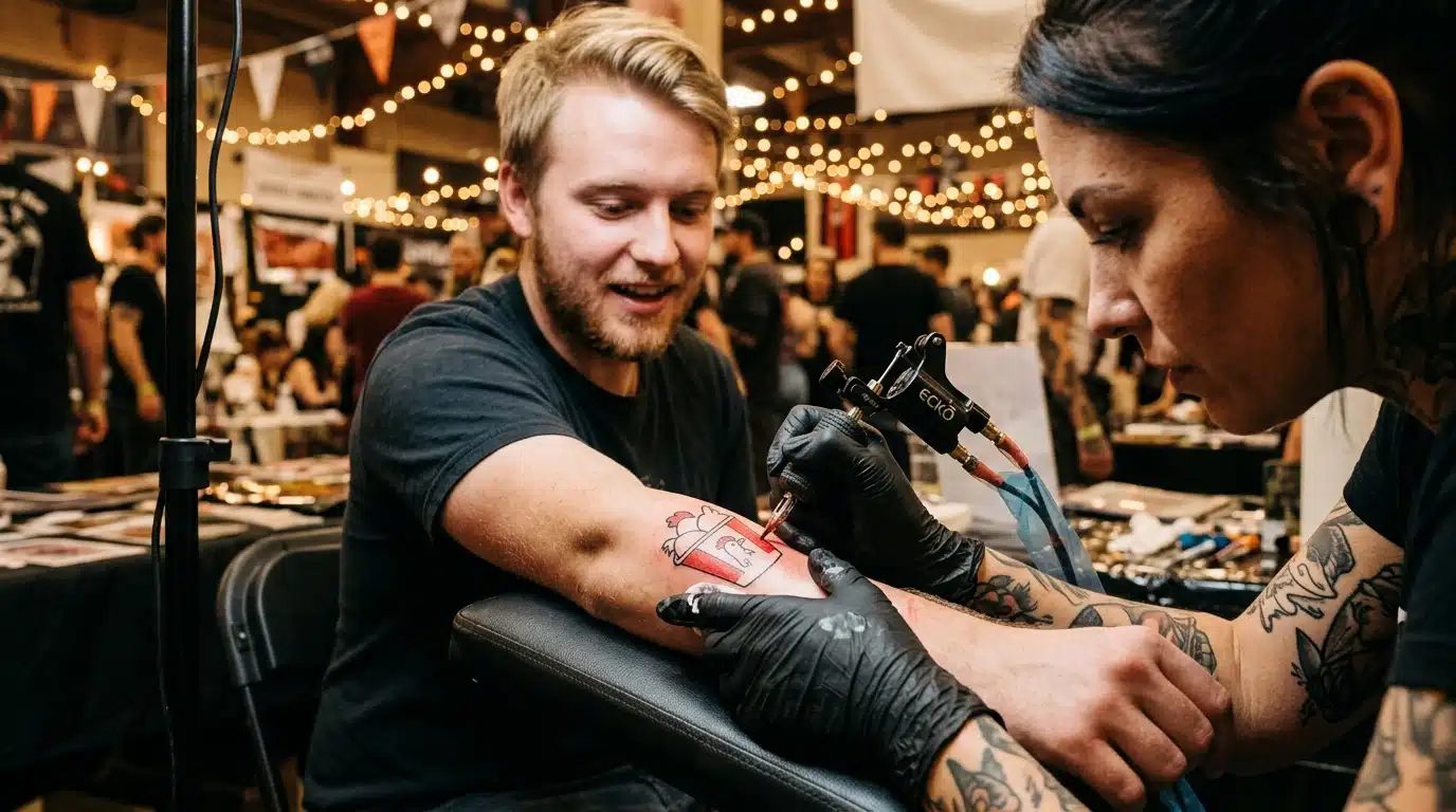 Tatoueur encrant un bras lors d'un festival