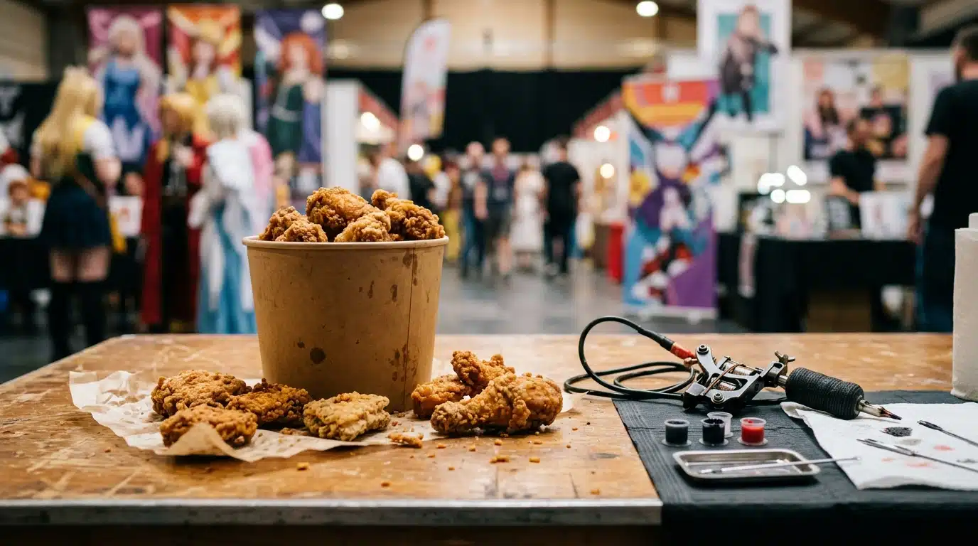 Poulet frit et machine à tatouer sur une table
