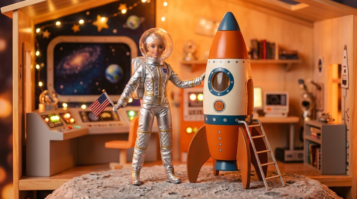 Poupée Barbie habillée en astronaute avec une fusée jouet