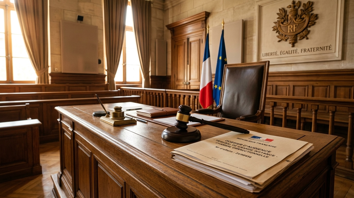 Salle d'audience vide avec marteau de juge posé