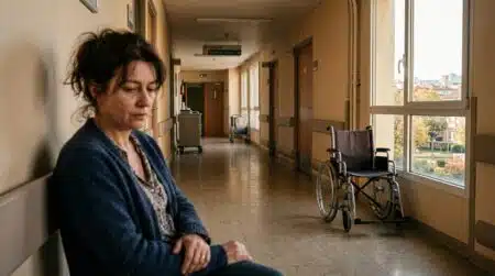 Femme inquiète dans un couloir d'hôpital vide