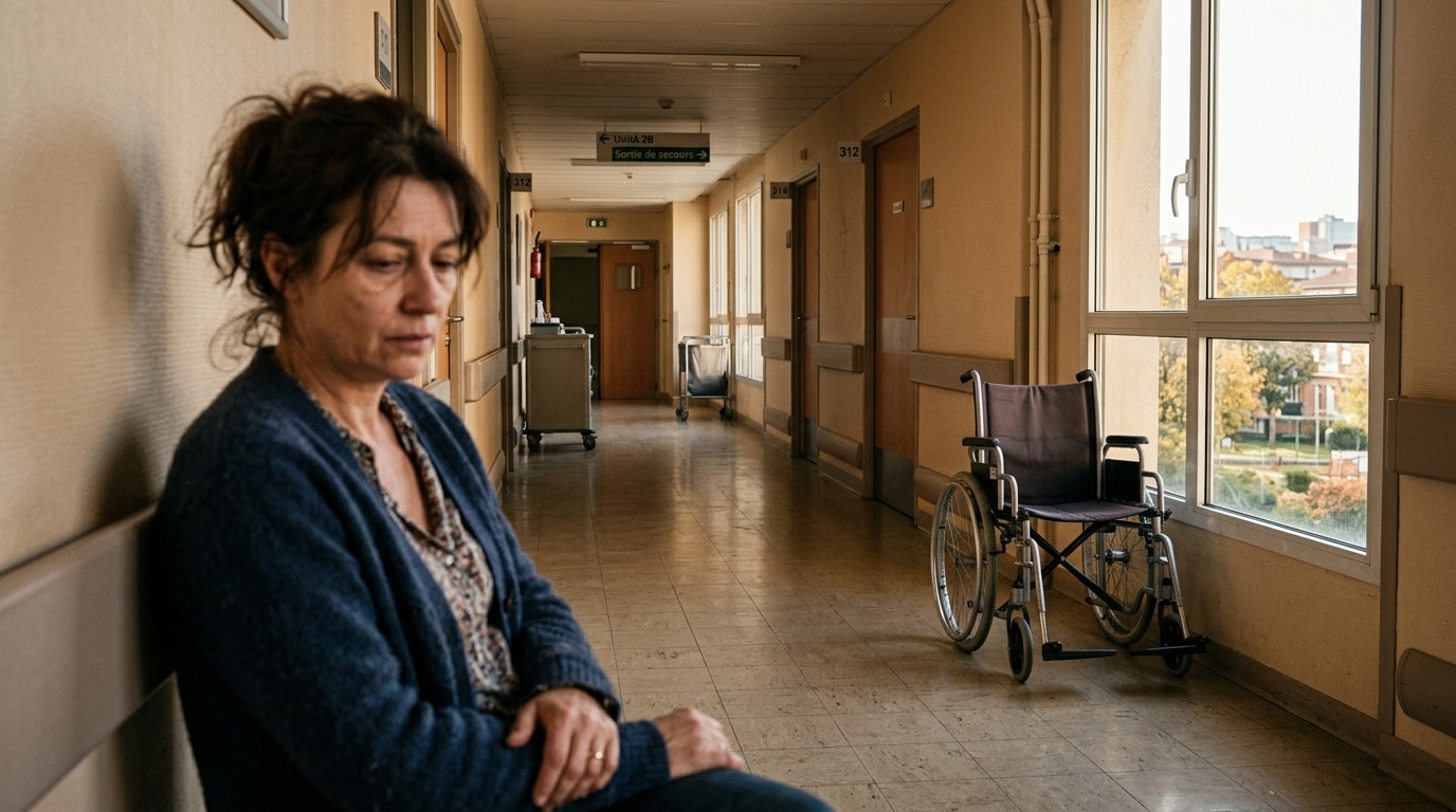 Femme inquiète dans un couloir d'hôpital vide