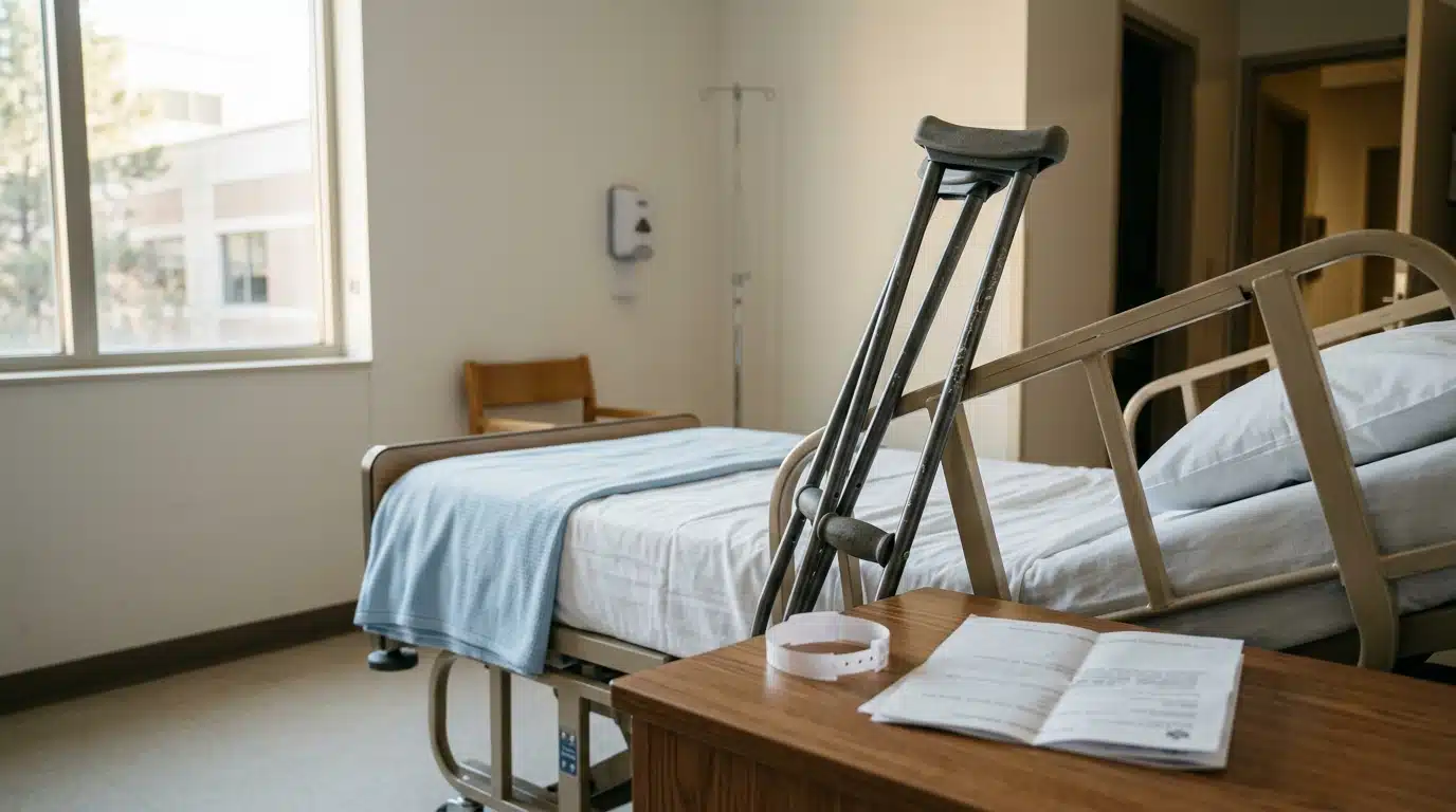 Béquilles et documents médicaux dans une chambre d'hôpital