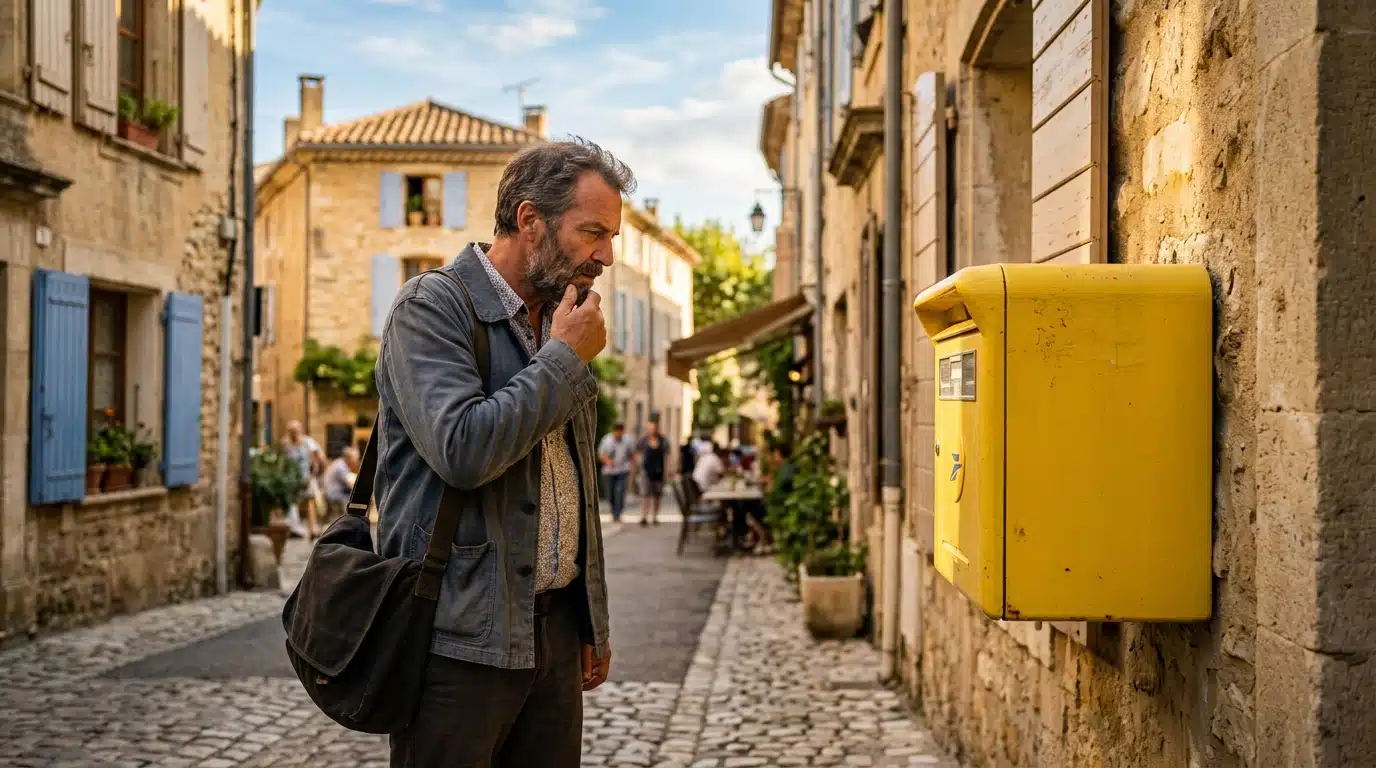 Personne regardant une boîte aux lettres jaune dans la rue