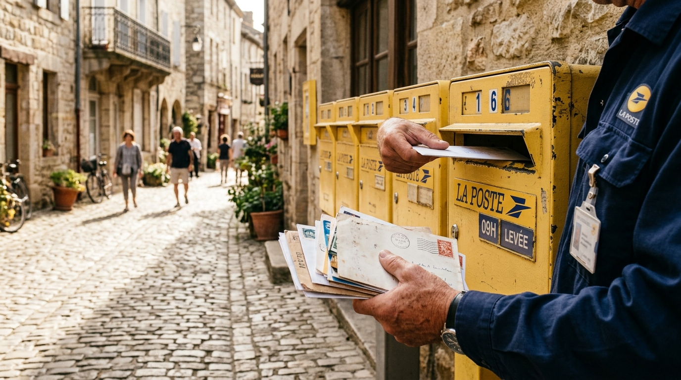 Facteur triant des lettres près de boîtes aux lettres jaunes