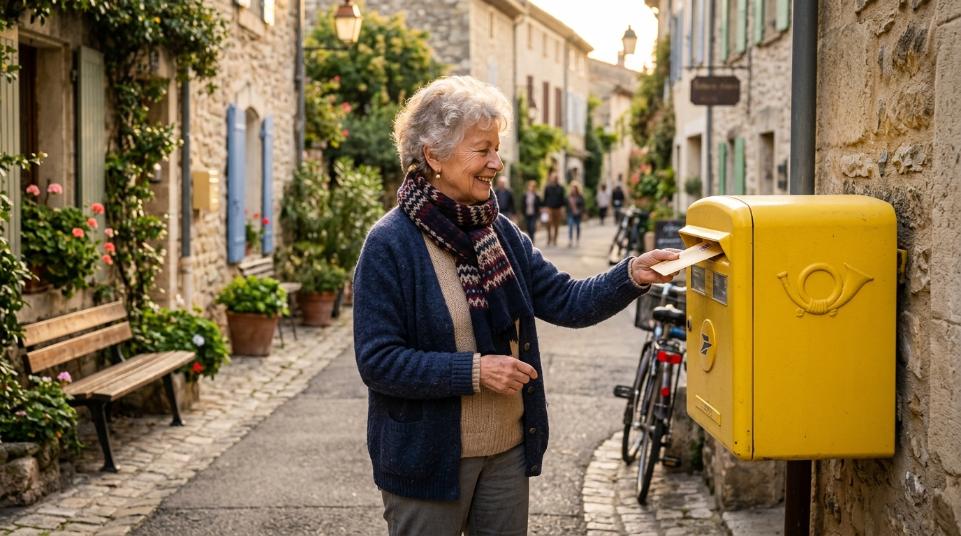 Femme âgée postant une lettre dans une boîte jaune