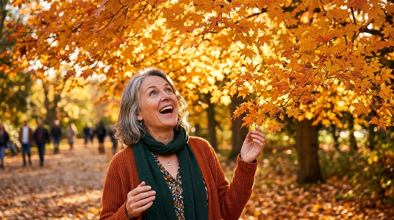 Femme émerveillée sous un érable aux couleurs d'automne