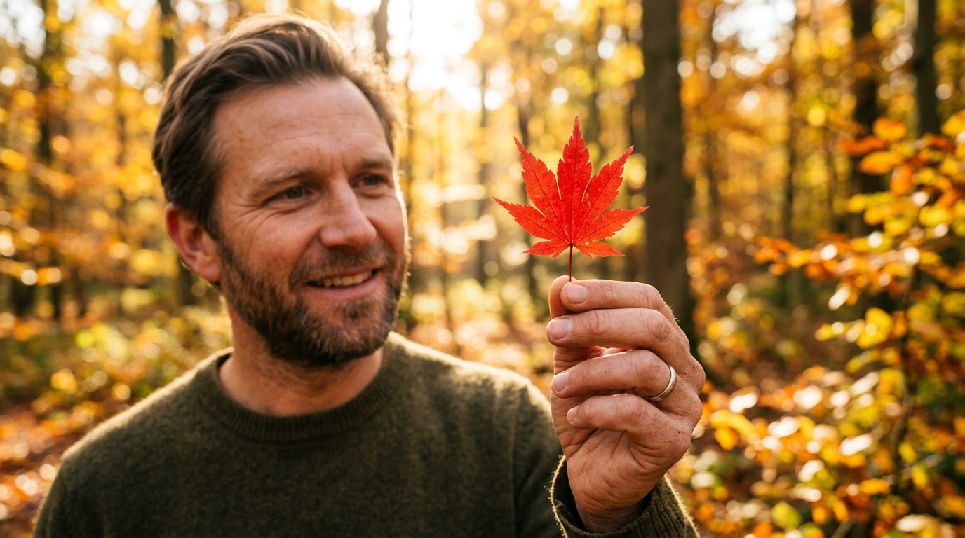 Main tenant une feuille d'érable rouge vif en forêt