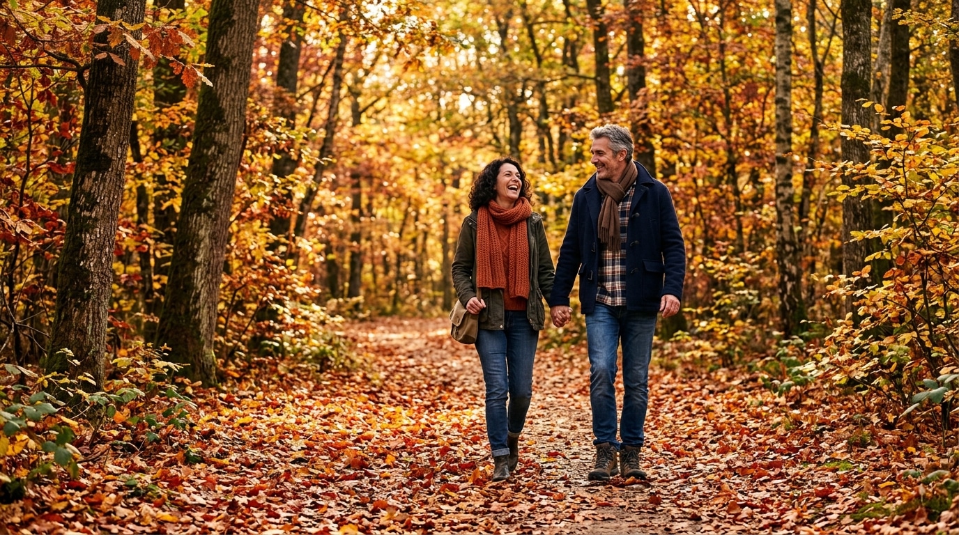Couple marchant sur un tapis de feuilles mortes colorées