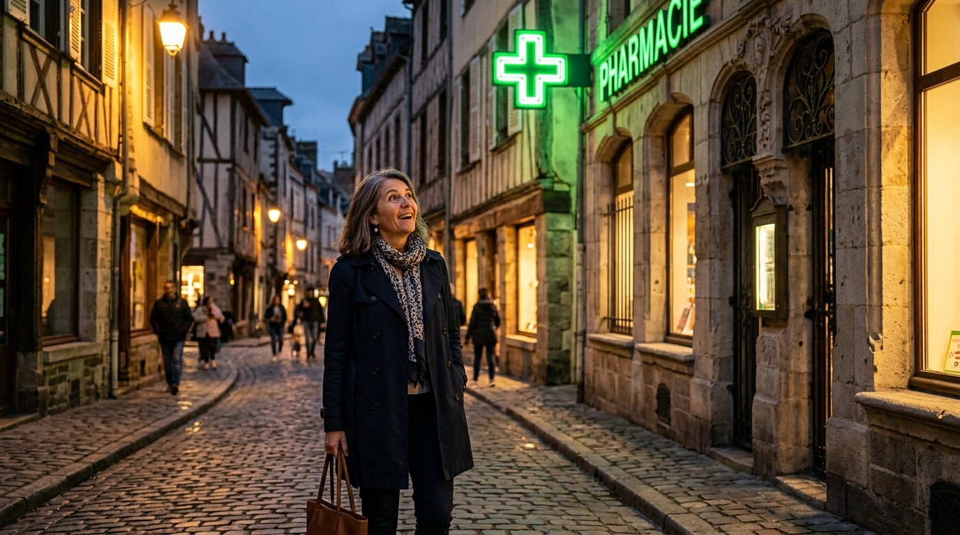 Croix verte lumineuse de pharmacie française au crépuscule