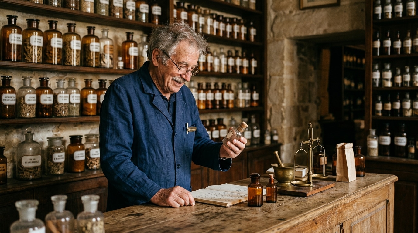Pharmacien dans une officine à l'ancienne avec bocaux d'herbes