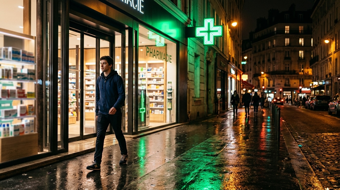 Enseigne croix verte de pharmacie reflétée sur trottoir mouillé