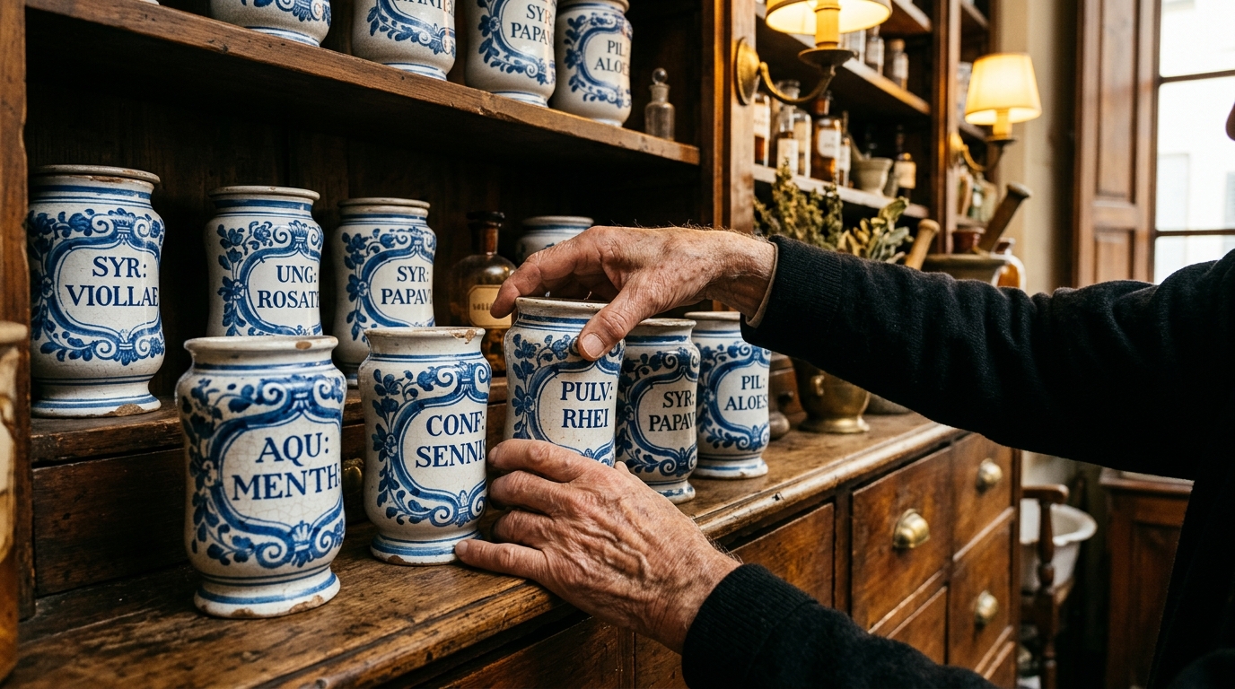 Pharmacien ancien range des pots de faïence bleue