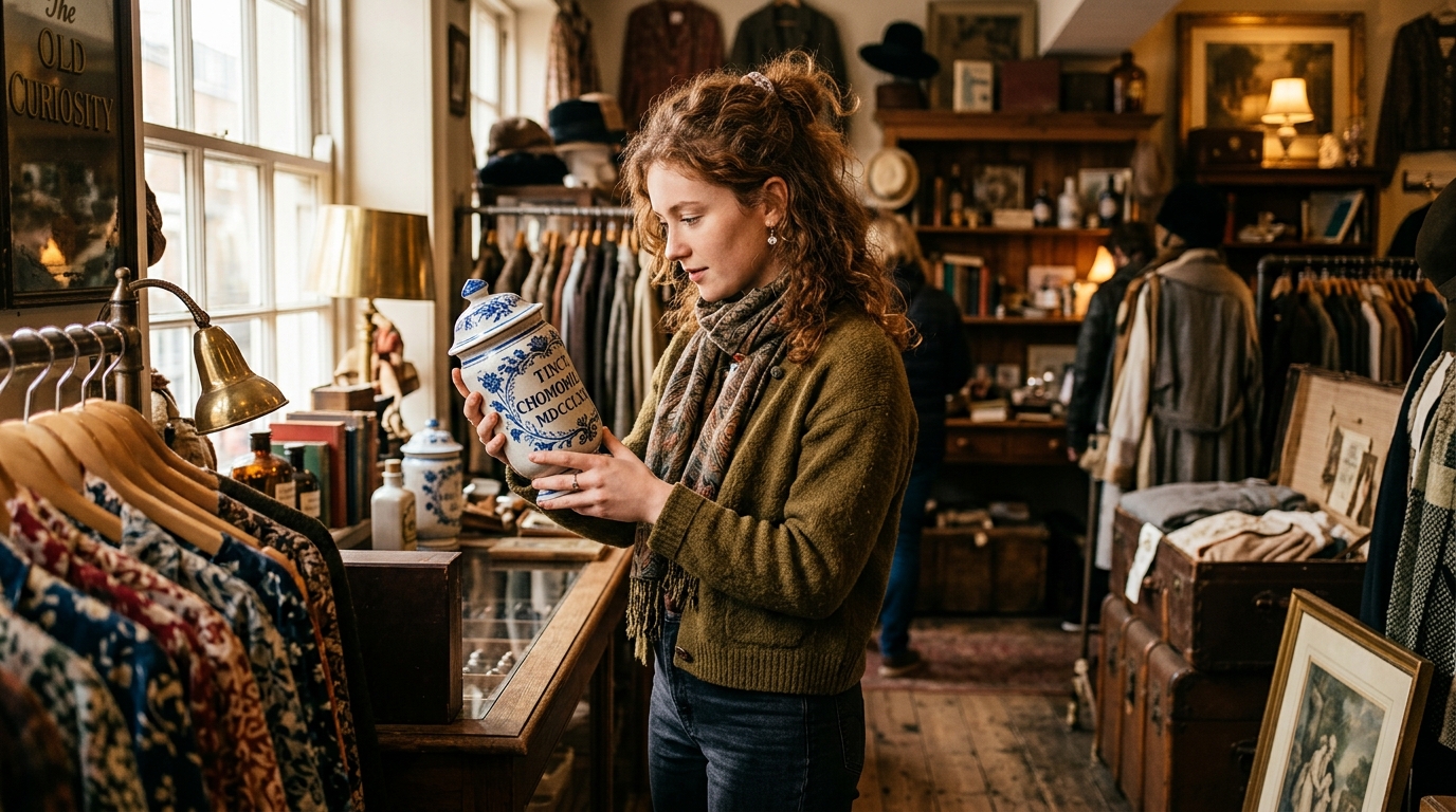 Femme examine un pot de pharmacie ancien en faïence