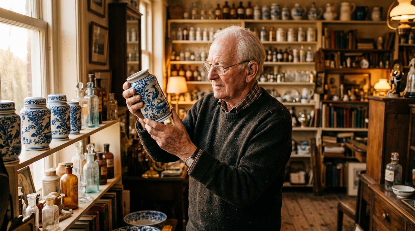 Antiquaire tenant un pot de pharmacie bleu et blanc